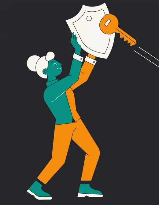 Illustration: Person mit Schutzschild gegen Schaden – Diensthaftpflicht