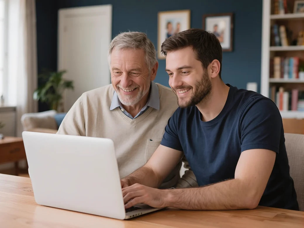 Vater und Sohn schauen gemeinsam am Laptop entspannt auf ihre Finanzen