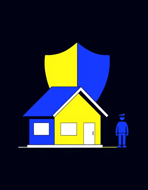 Illustration: Haus unter Schutzschild – Haftpflicht und Hausrat