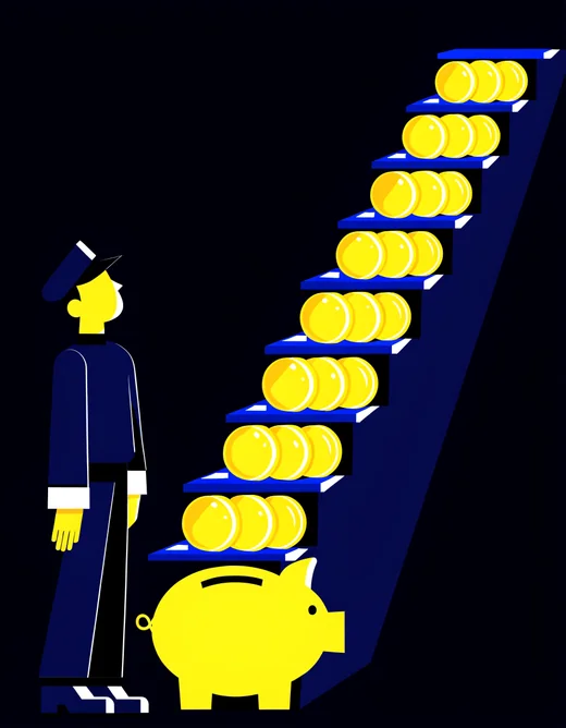Illustration: Polizist mit steigender Kurve – Altersvorsorge und Vermögensaufbau